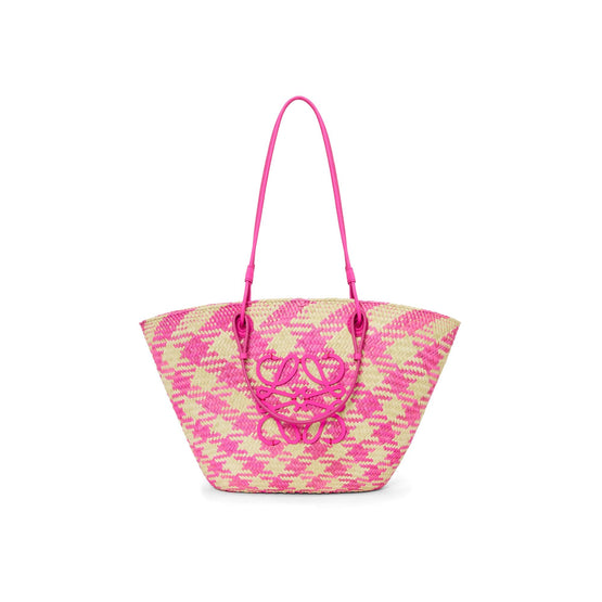 Women Anagram Basket Medium Checks - Natural/Fuchsia