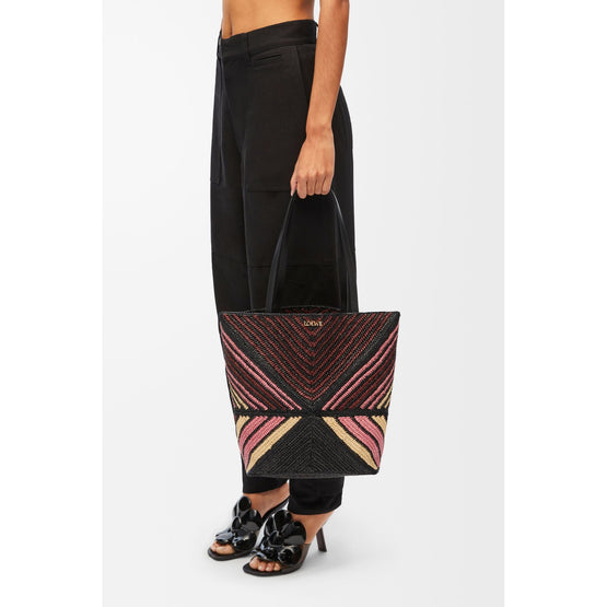 Women Puzzle Fold Tote M Stripes - Pink/Burgundy