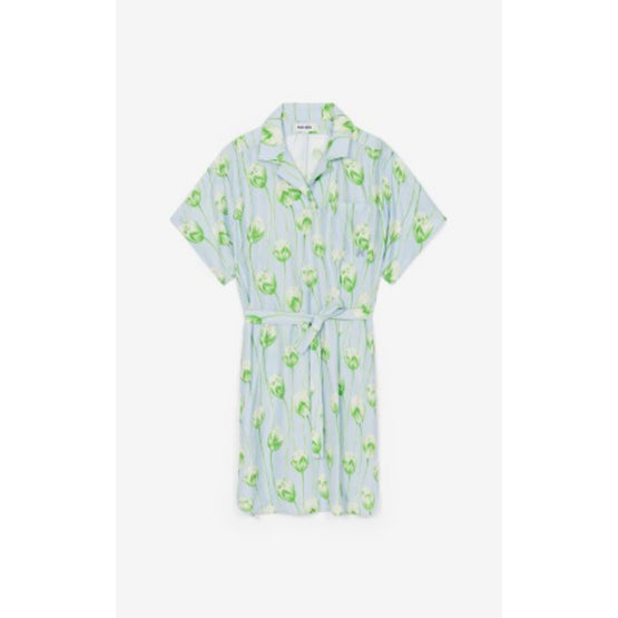 Women Printed Shirting Waisted Dress - Light Blue