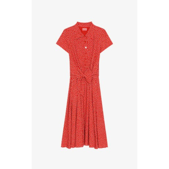 Women Printed Knotted Shirting Dress - Medium Red