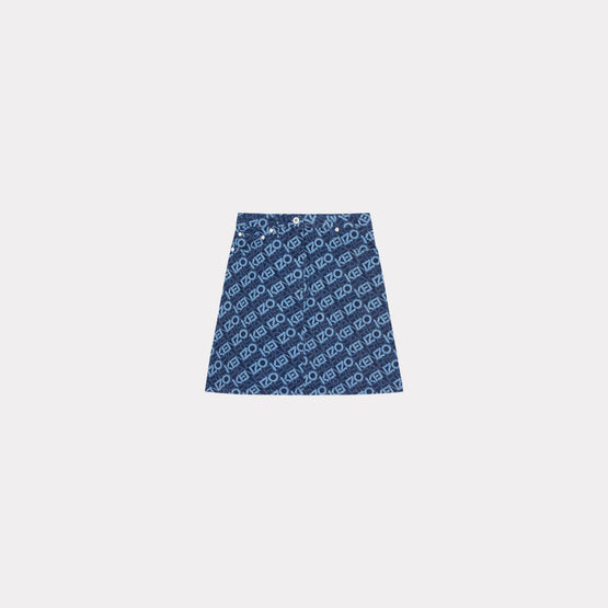 Women Monogram Short Skirt - Rinse Blue Denim