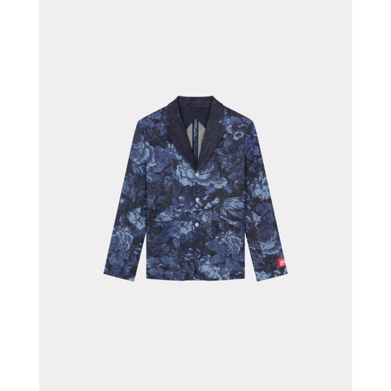Women Printed Denim Blazer - Midnight Blue