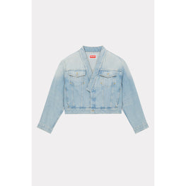 Women Cropped Denim Jacket - Medium Stone Blue Denim