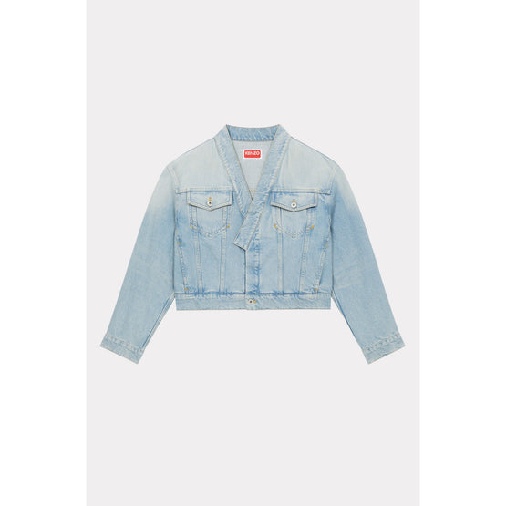 Women Cropped Denim Jacket - Medium Stone Blue Denim