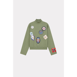 Women Badges High Neck Sweatshirt - Sage Green