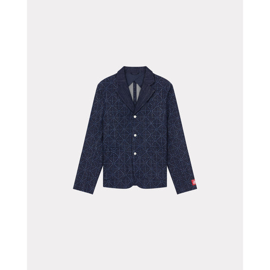 Men Printed Denim Blazer - Rinse Blue Denim