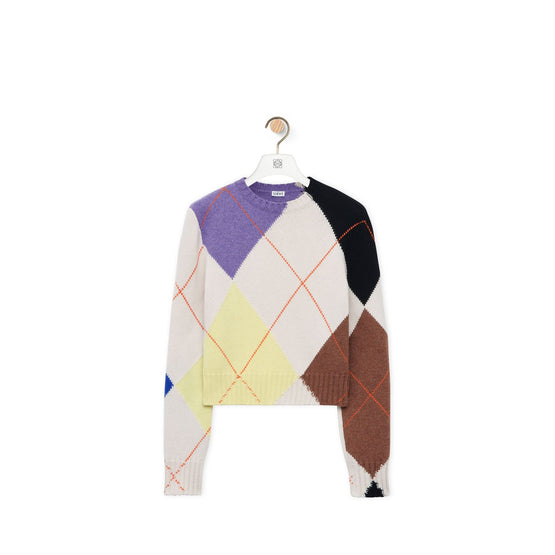 Men Cropped Argyle Sweater - Soft White/Multicolour