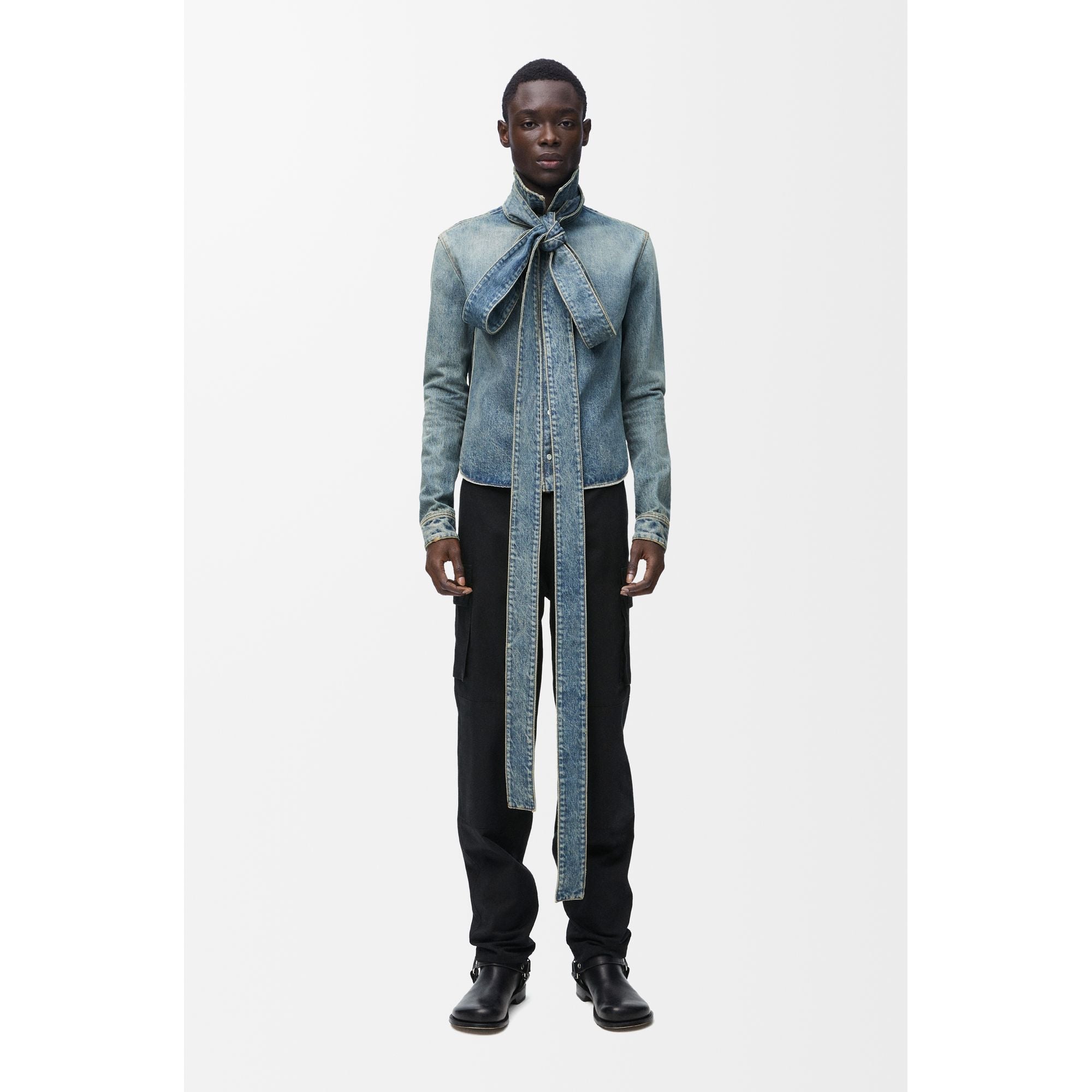Men Bow Shirt - Washed Denim