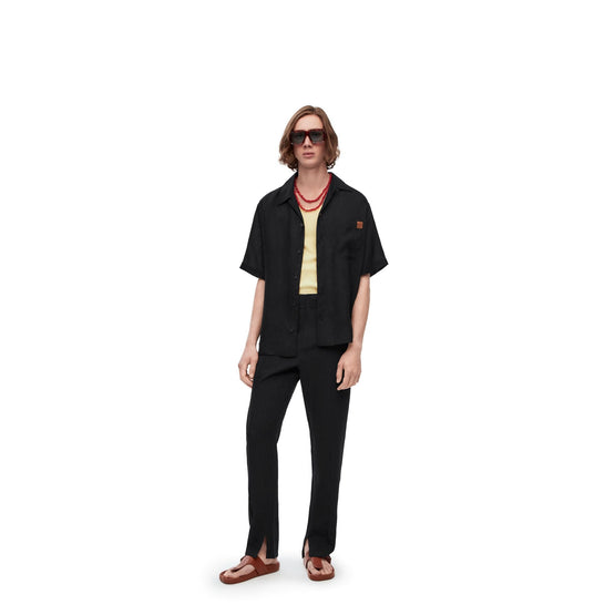 Men Linen Bowling Shirt - Black