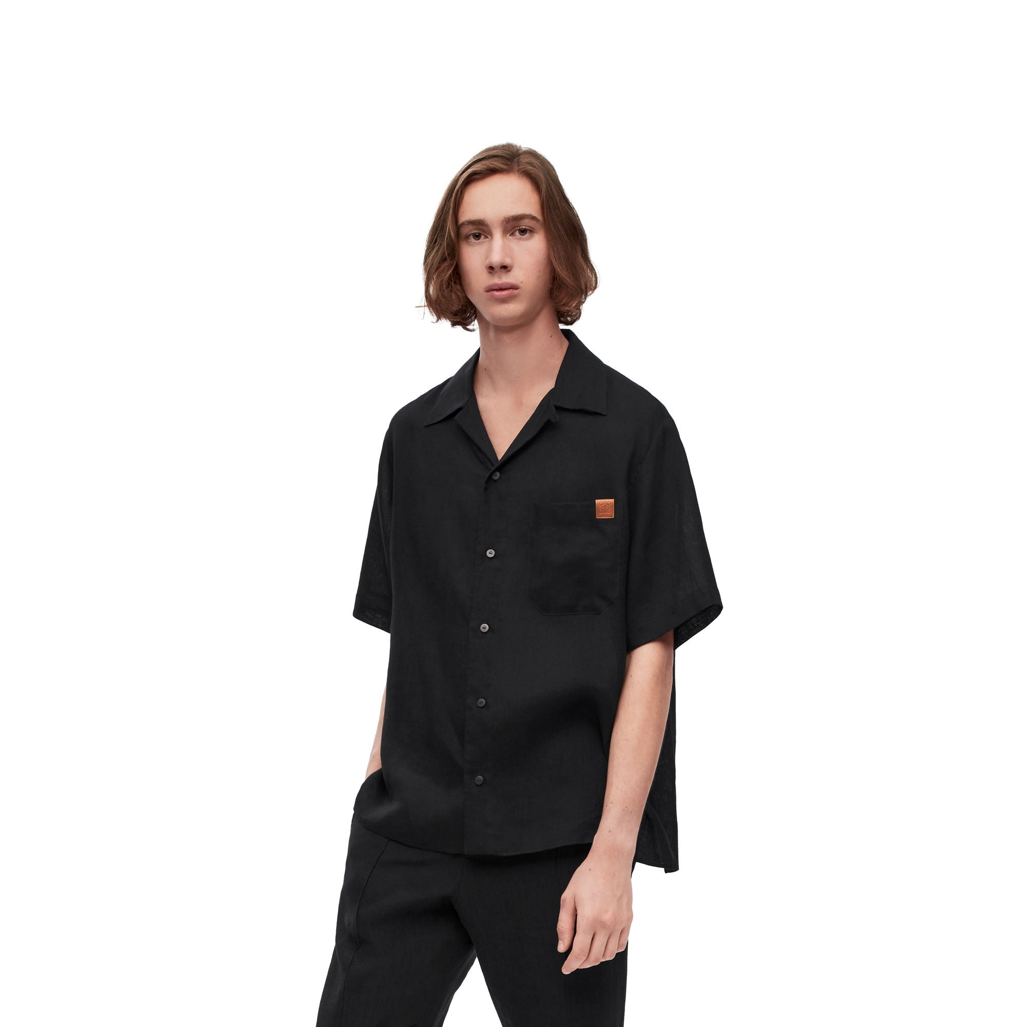 Men Linen Bowling Shirt - Black