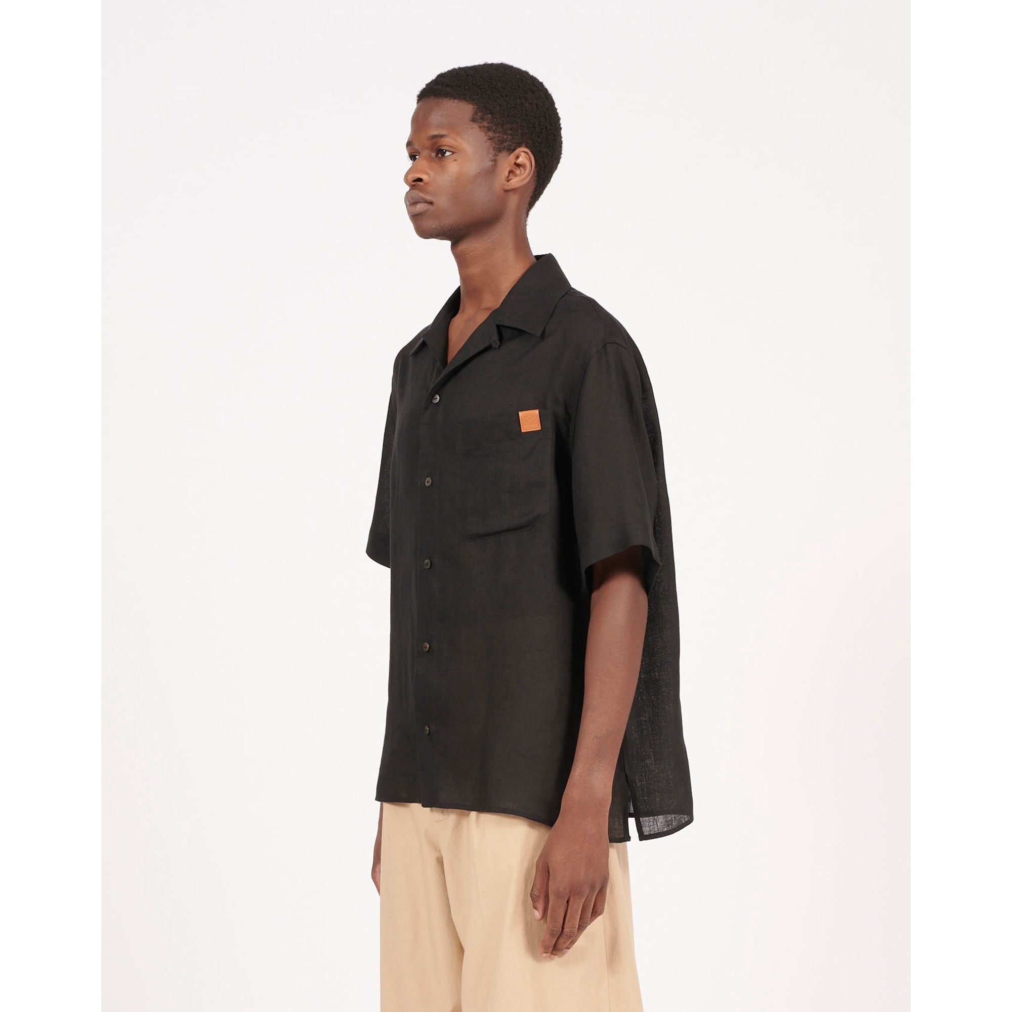 Men Linen Bowling Shirt - Black