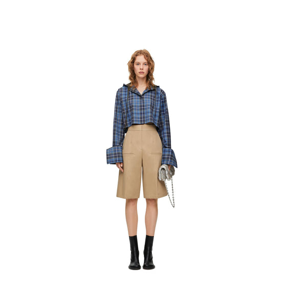 Women Cropped Hooded Shirt - Blue/Green/White