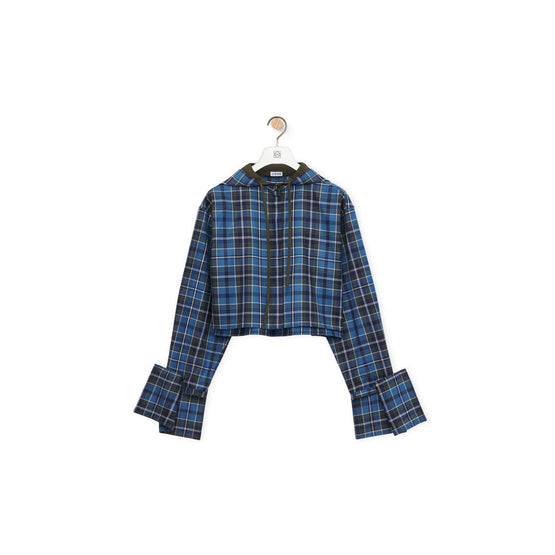 Women Cropped Hooded Shirt - Blue/Green/White