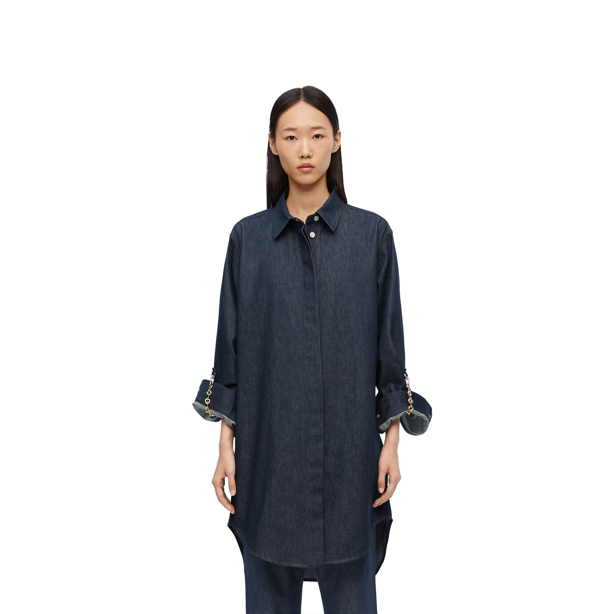 Women Chain Shirt Dress - Raw Denim