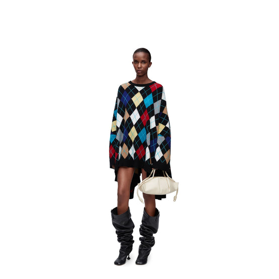 Women Oversized Argyle Sweater - Black/Multicolor