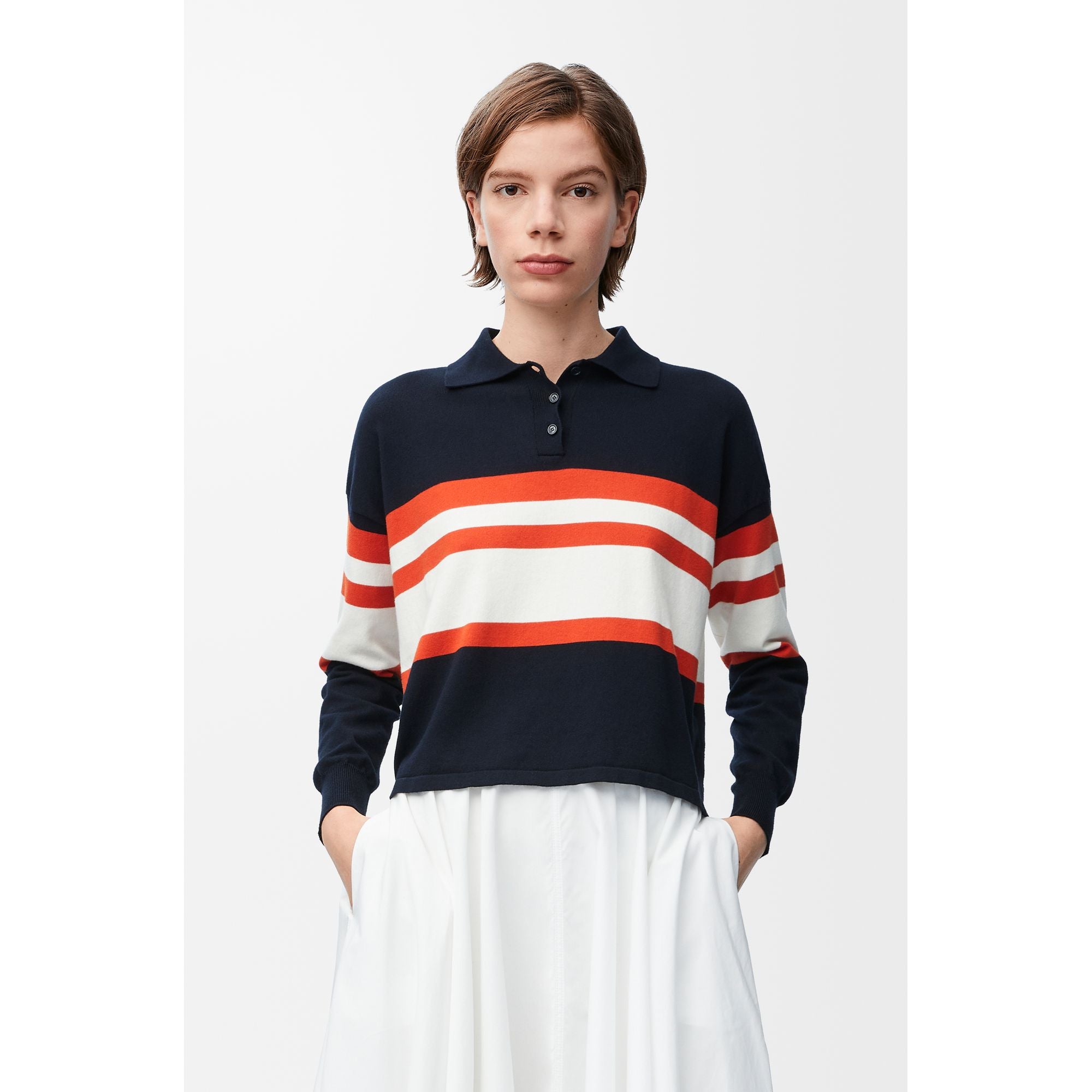 Women Polo Sweater - Deep Blue / White / Orange