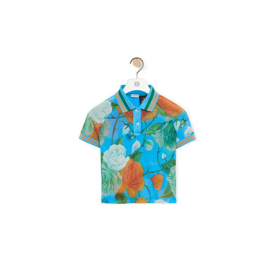 Women Roses Cropped Polo - Blue/Multicolor