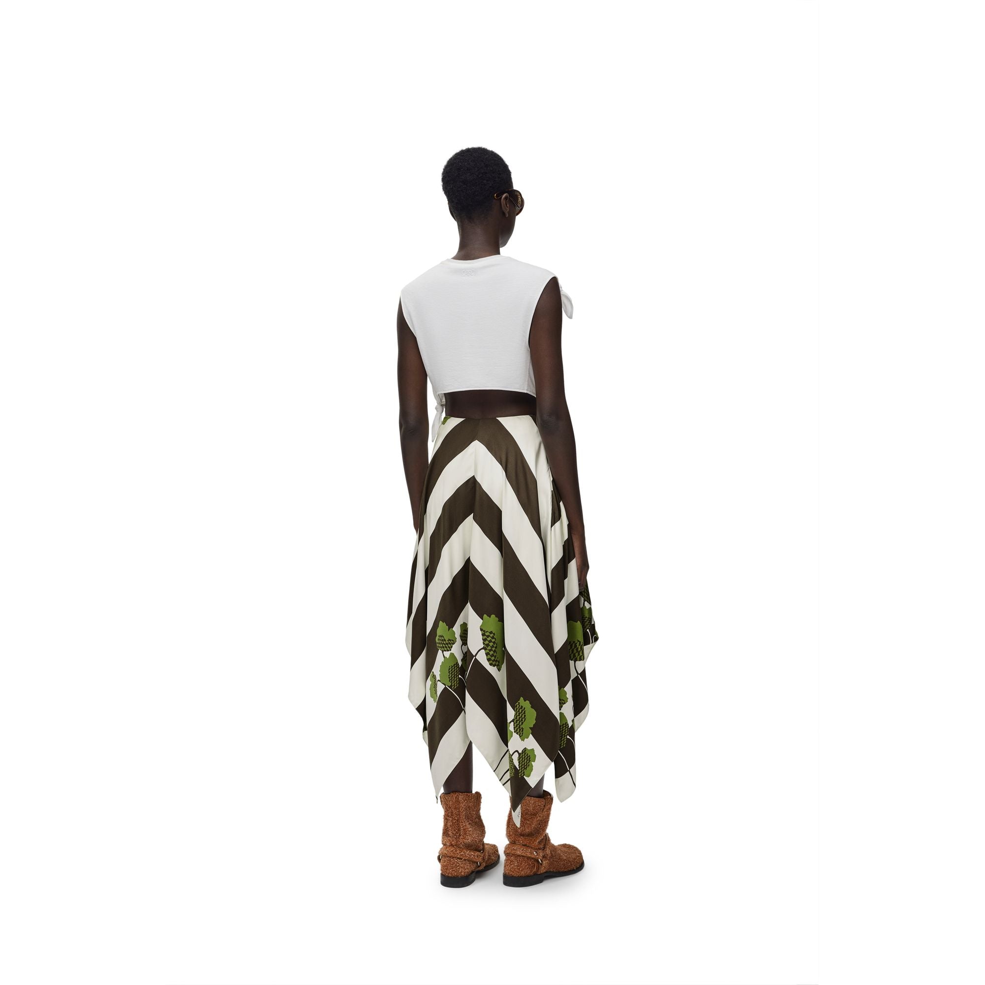 Women Asymmetric Skirt - White/Khaki Green/Multicolor