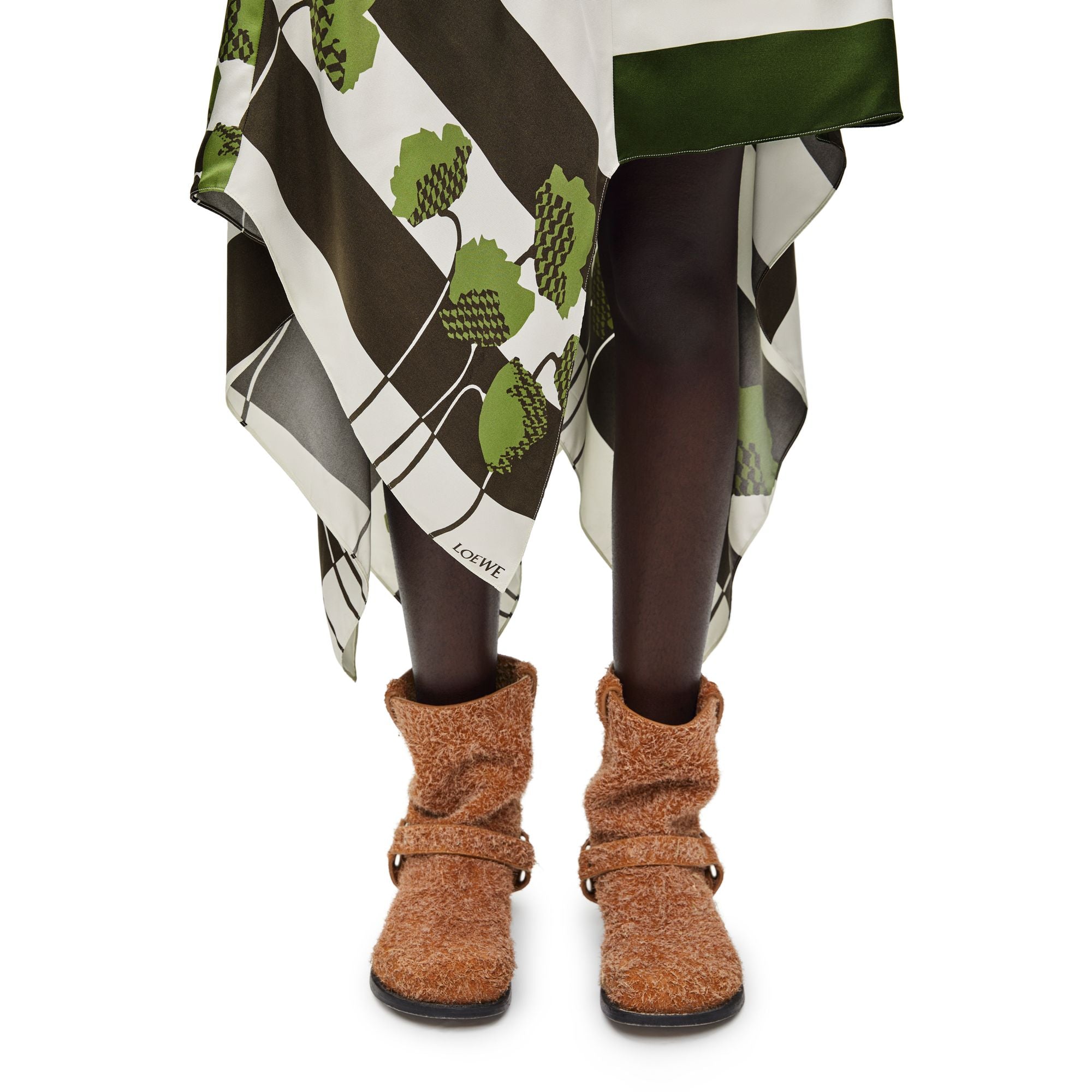 Women Asymmetric Skirt - White/Khaki Green/Multicolor