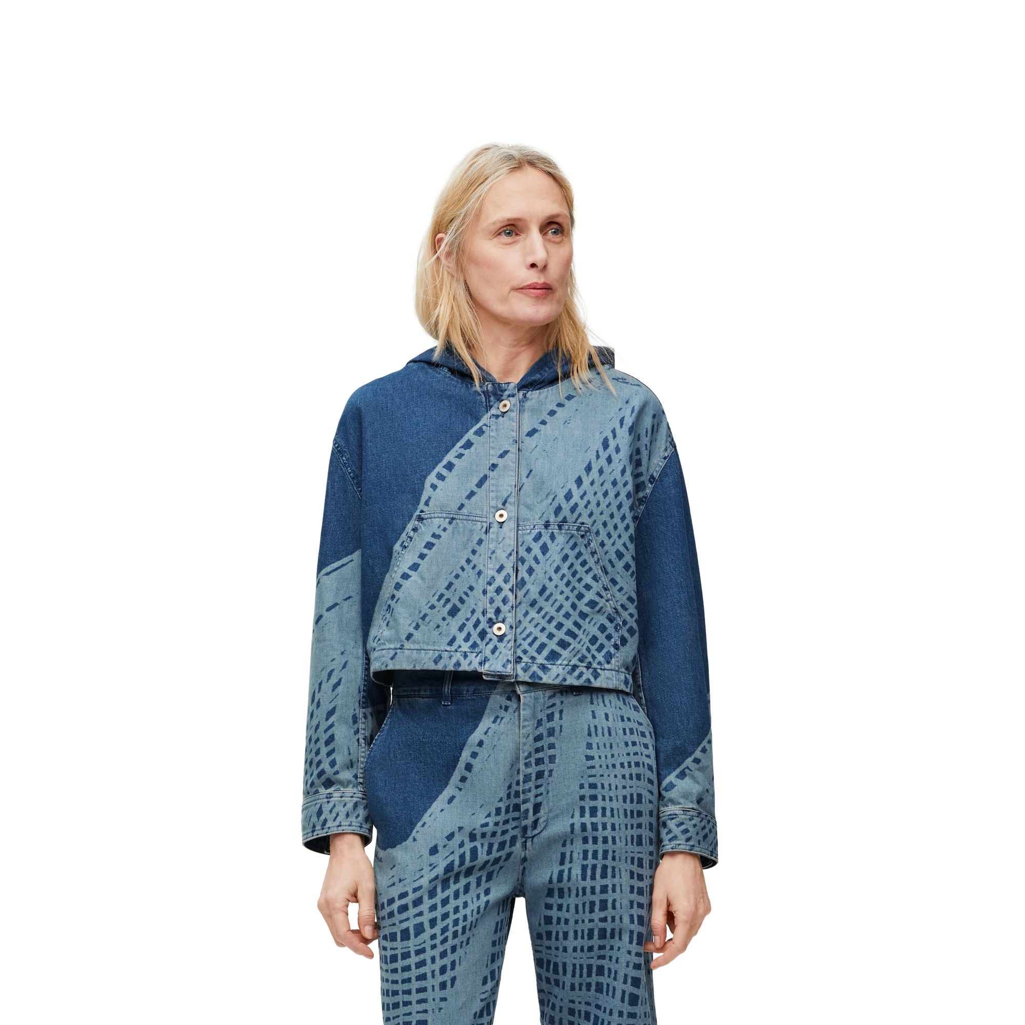Women Cropped Hooded Jacket - Light Blue/White