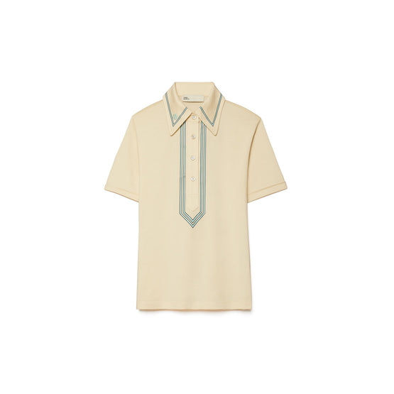 Women Retro Mercerized Cotton Polo - Sesame / Pastel Sky