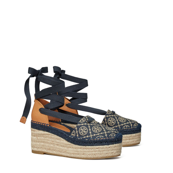 Women T Monogram Espadrille Wedge 75Mm - Inverse Navy T-Monogram /  Jazz Cuoio