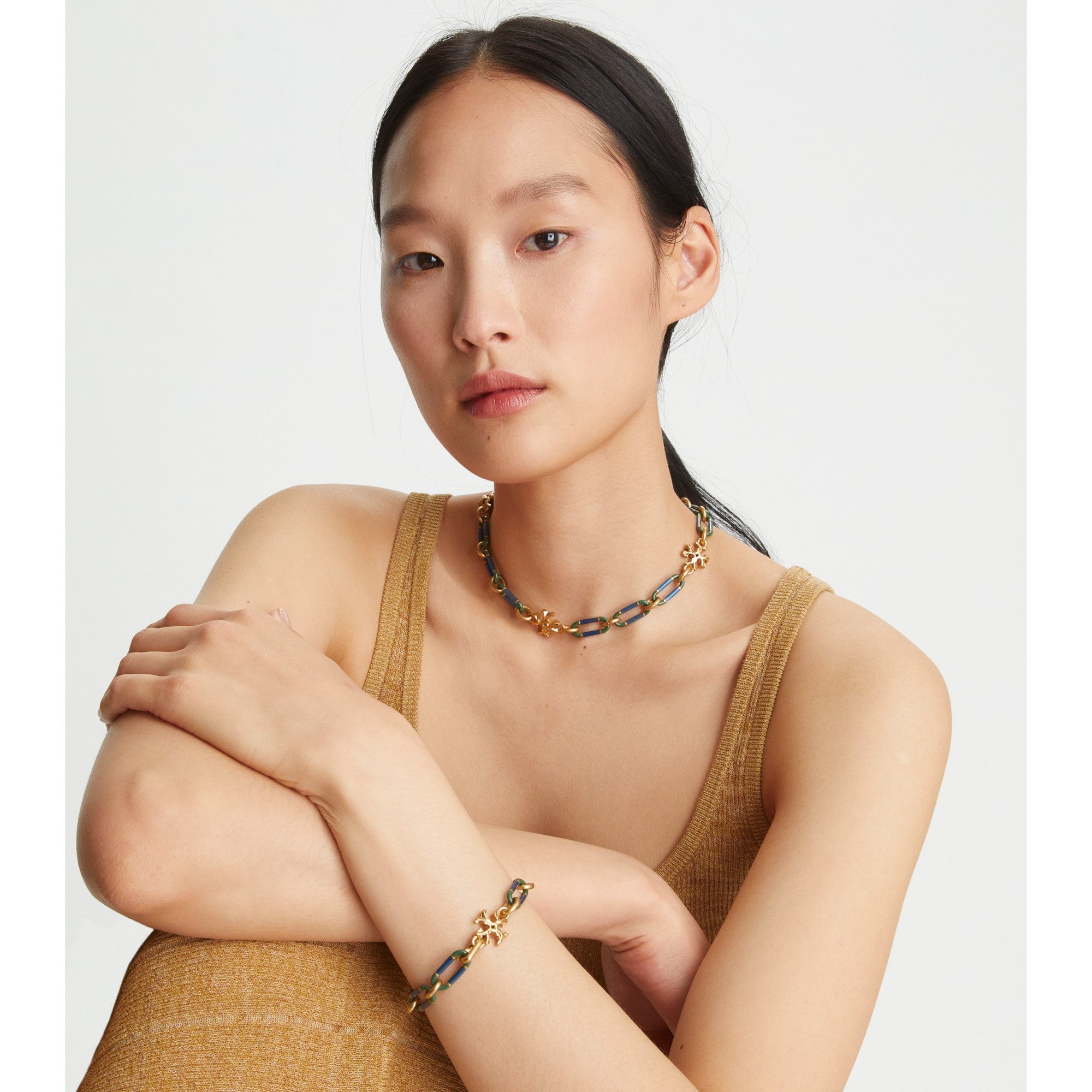 Women Roxanne Chain Striped Bracelet - Rolled Tory Gold / Green / Blue