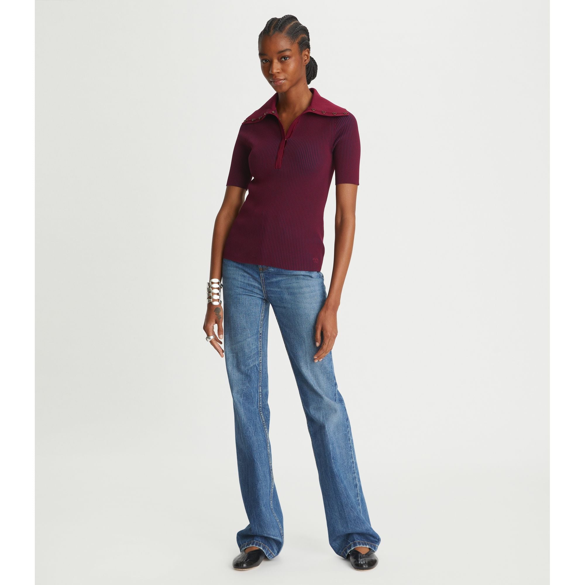 Women Plaited-Rib Polo - Royal Burgundy / Tory Navy
