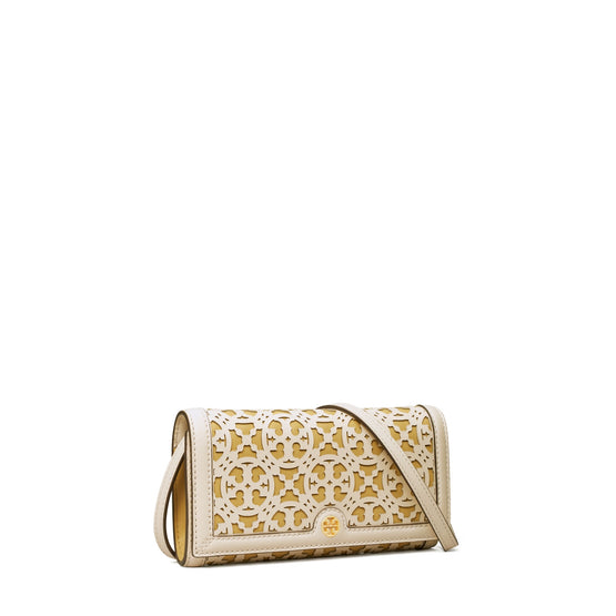 Women T Monogram Laser Cut Wallet Crossbody - New Ivory / Beeswax
