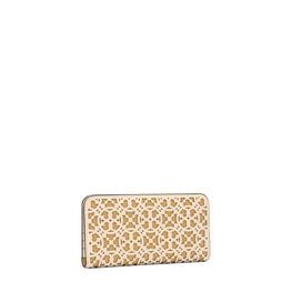 Women T Monogram Laser Cut Zip Slim Wallet - New Ivory / Beeswax