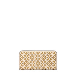 Women T Monogram Laser Cut Zip Slim Wallet - New Ivory / Beeswax