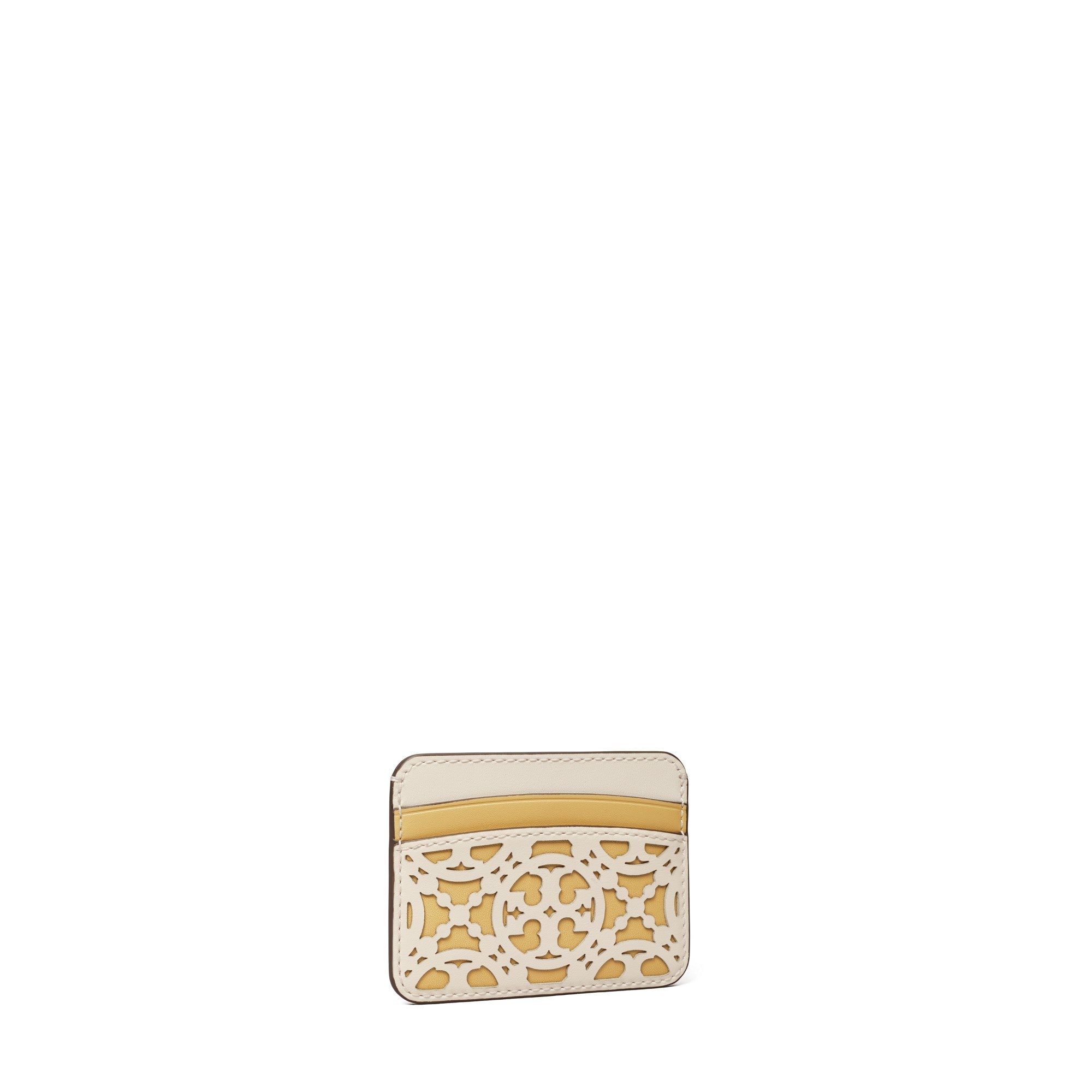 Women T Monogram Laser Cut Card Case - New Ivory / Beeswax