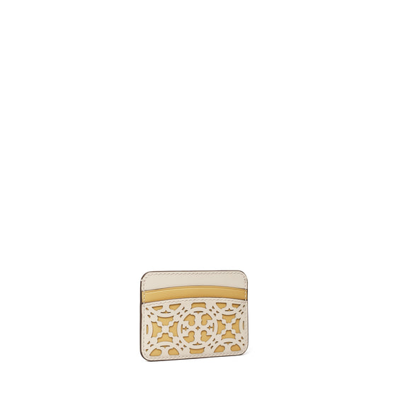 Women T Monogram Laser Cut Card Case - New Ivory / Beeswax