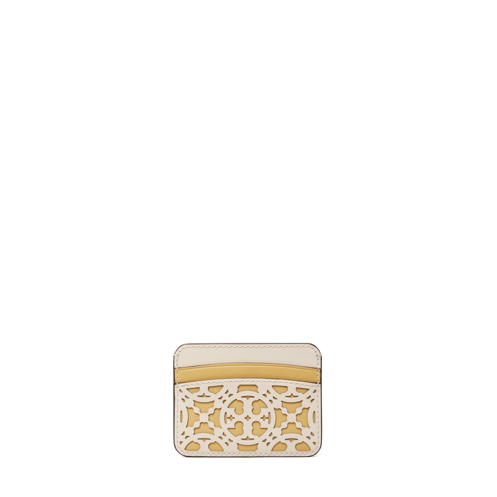 Women T Monogram Laser Cut Card Case - New Ivory / Beeswax