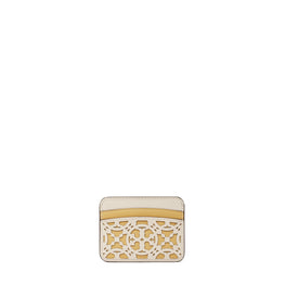 Women T Monogram Laser Cut Card Case - New Ivory / Beeswax