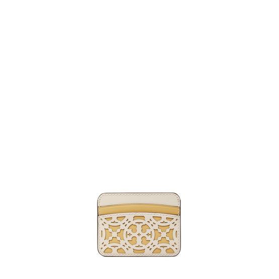 Women T Monogram Laser Cut Card Case - New Ivory / Beeswax