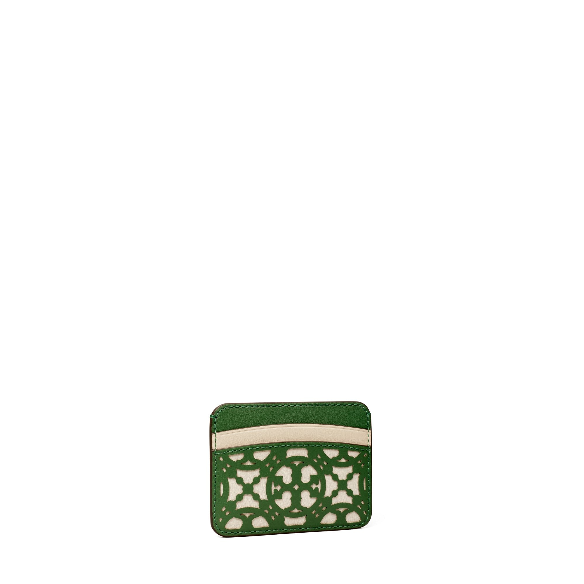 Women T Monogram Laser Cut Card Case - Arugula / New Ivory