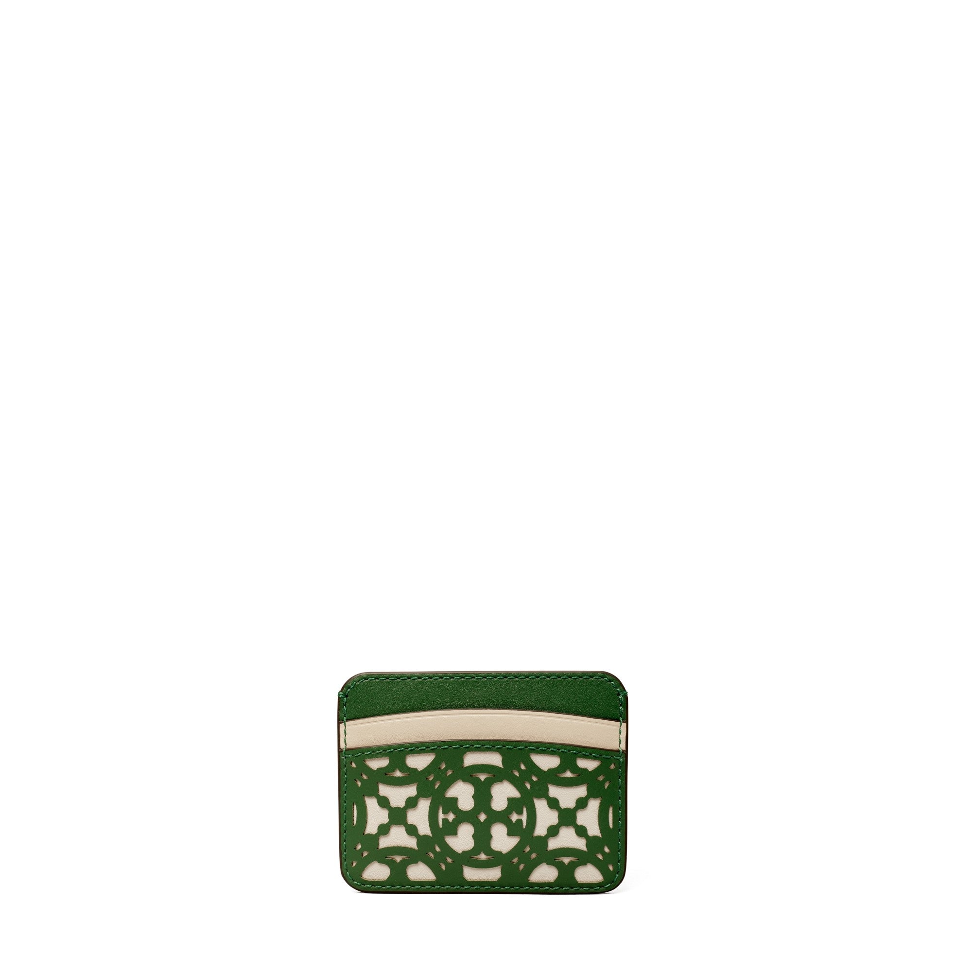 Women T Monogram Laser Cut Card Case - Arugula / New Ivory