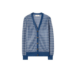 Women Sheer Picnic Plaid Boyfriend Cardigan - Blue / White
