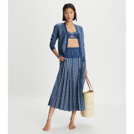 Women Sheer Picnic Plaid Boyfriend Cardigan - Blue / White