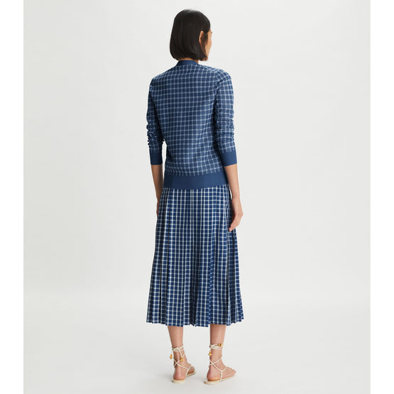 Women Sheer Picnic Plaid Boyfriend Cardigan - Blue / White