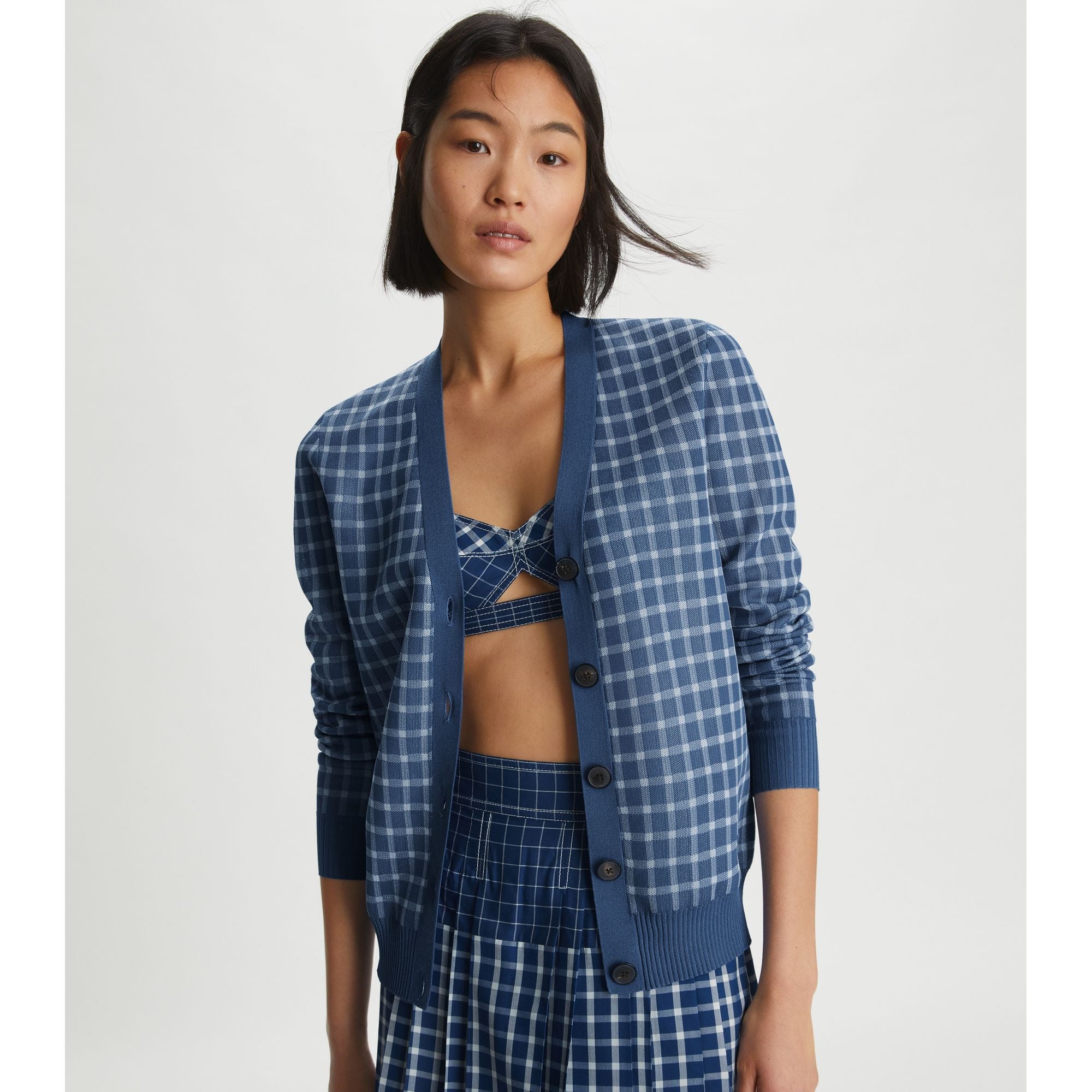 Women Sheer Picnic Plaid Boyfriend Cardigan - Blue / White
