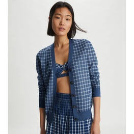Women Sheer Picnic Plaid Boyfriend Cardigan - Blue / White