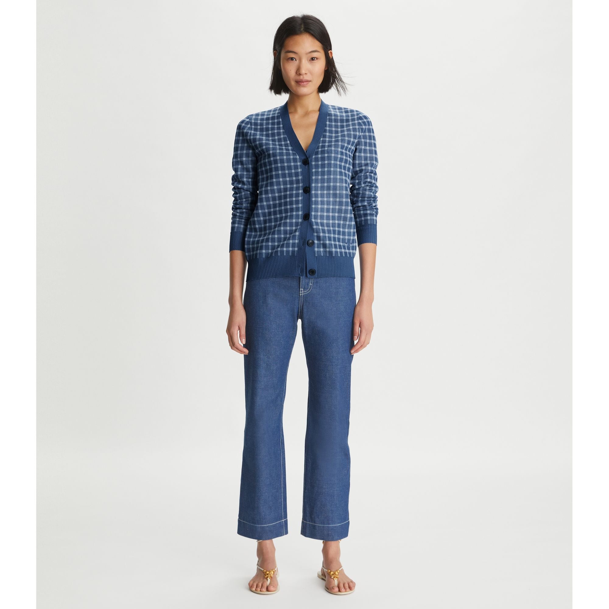 Women Sheer Picnic Plaid Boyfriend Cardigan - Blue / White