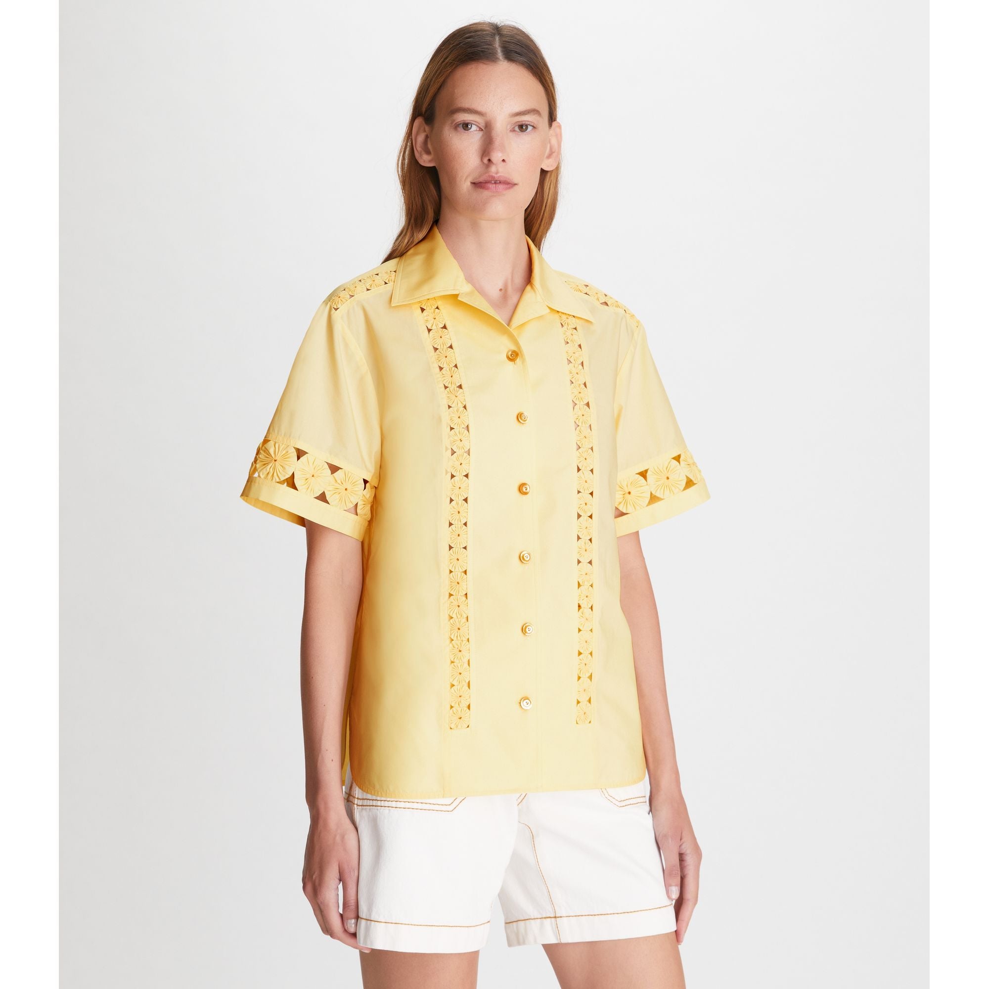 Women Yoyo Embellished Camp Shirt - Custard