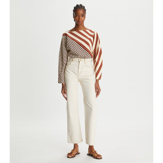 Women Bias Stripe Long-Sleeve Top - Dark Auburn/French Cream