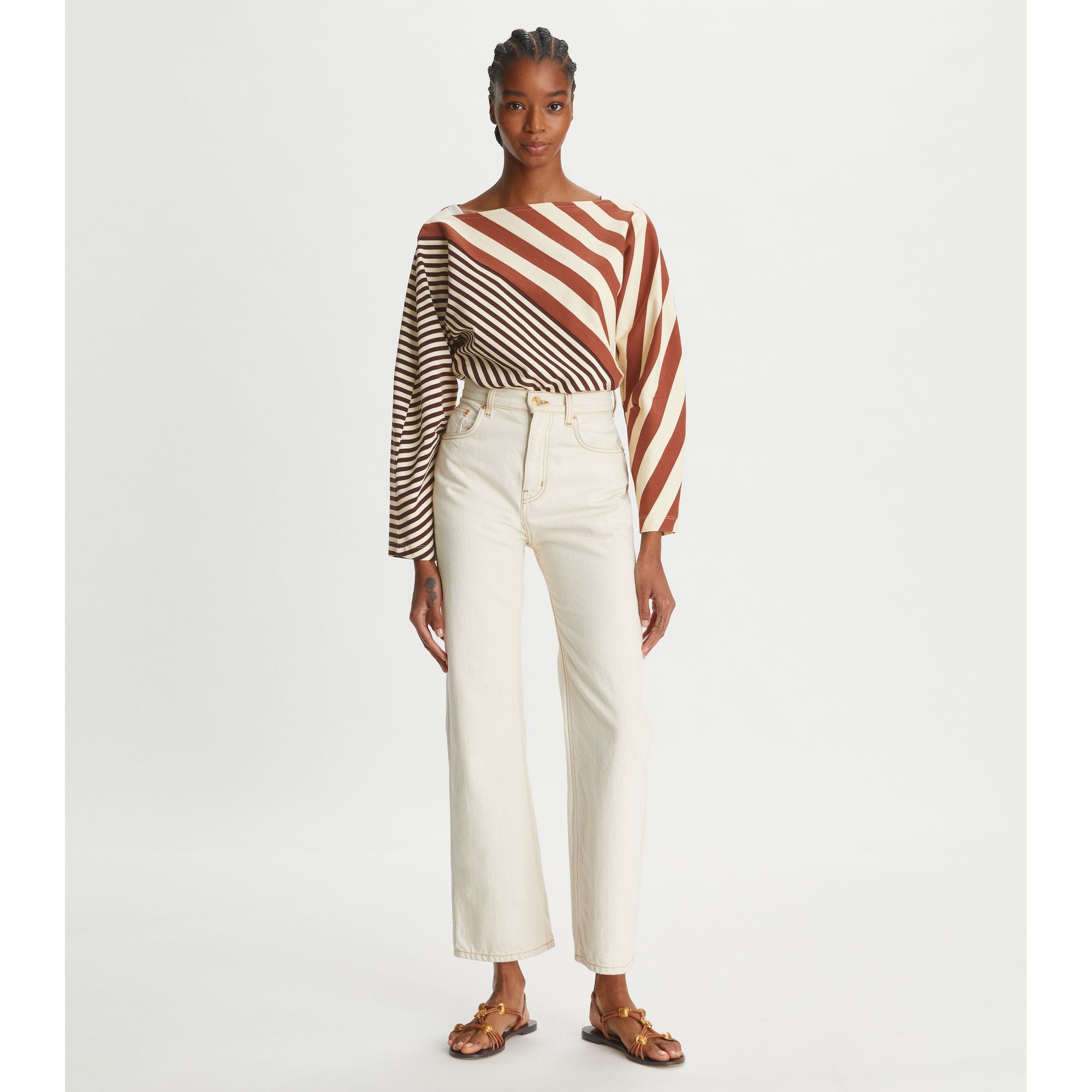 Women Bias Stripe Long-Sleeve Top - Dark Auburn/French Cream