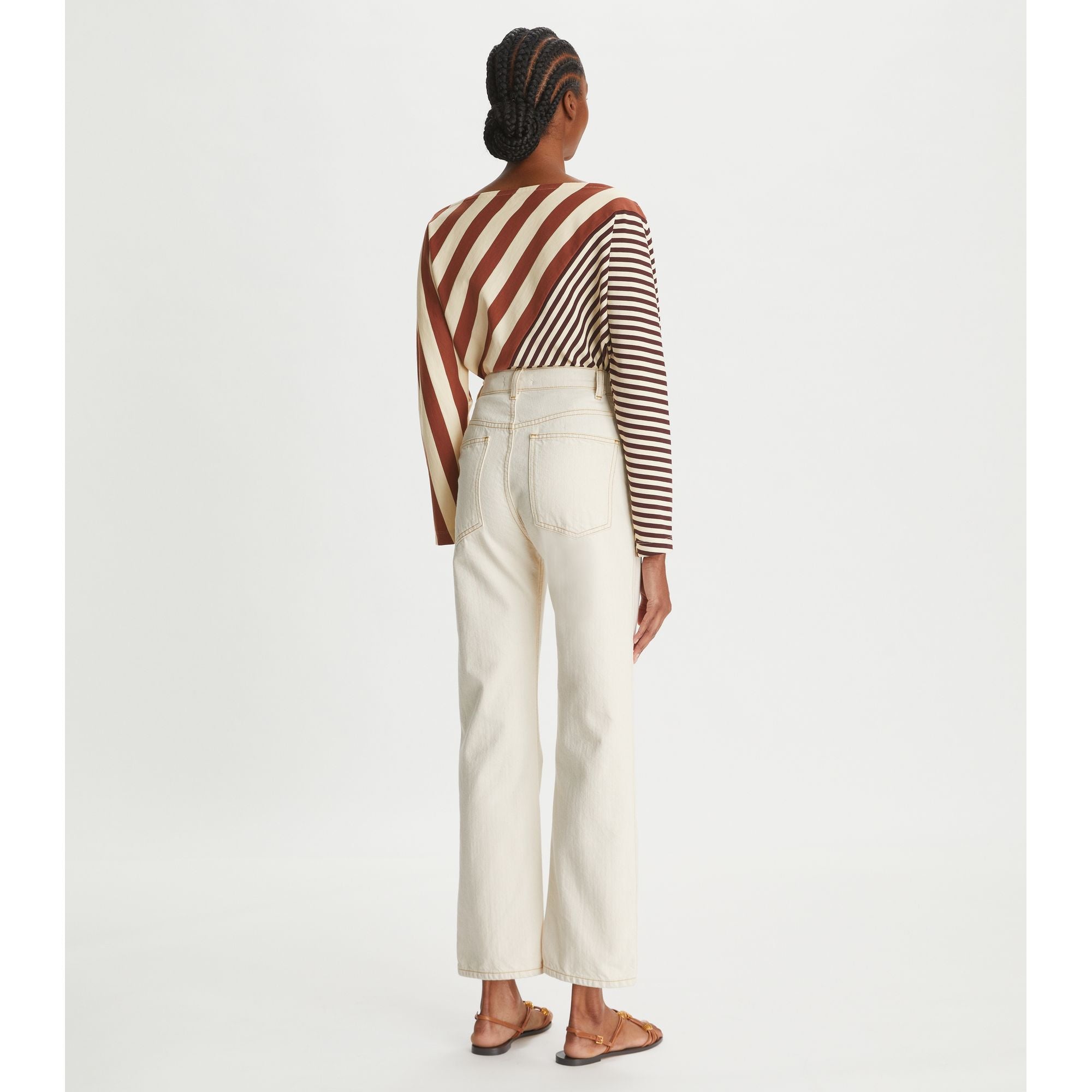 Women Bias Stripe Long-Sleeve Top - Dark Auburn/French Cream