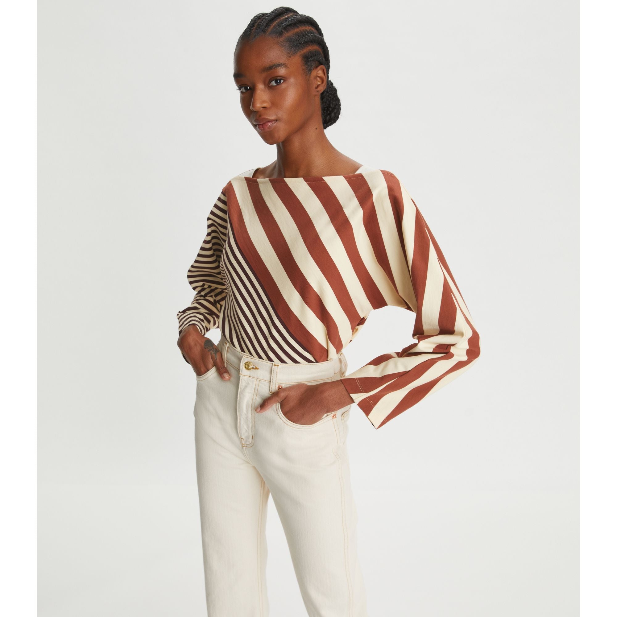 Women Bias Stripe Long-Sleeve Top - Dark Auburn/French Cream