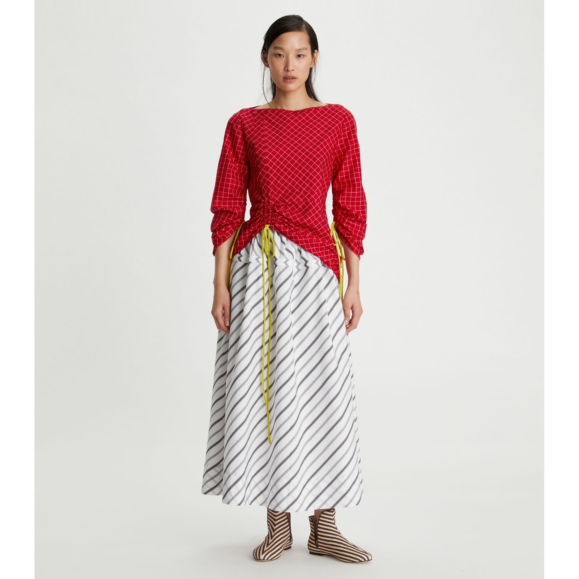 Women Windowpane Silk Tunic Top - Red/White